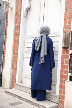 Düğme Detaylı Lacivert Tesettür Üçlü Takım 7677L - 4
