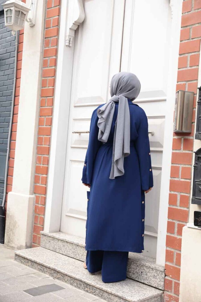 Düğme Detaylı Lacivert Tesettür Üçlü Takım 7677L - 4