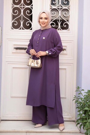 Düğme Detaylı Lila Tesettür İkili Takım 76641LILA - 5