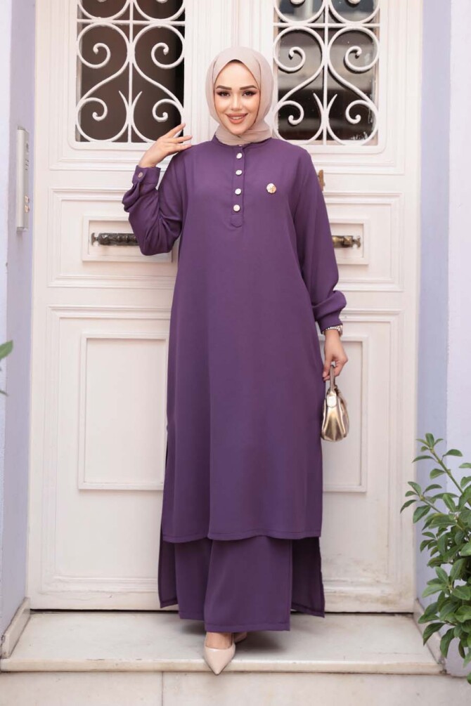Düğme Detaylı Lila Tesettür İkili Takım 76641LILA - 2