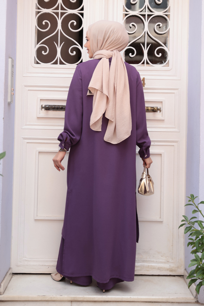 Düğme Detaylı Lila Tesettür İkili Takım 76641LILA - 6