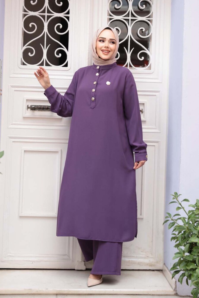 Düğme Detaylı Lila Tesettür İkili Takım 76642LILA - 1