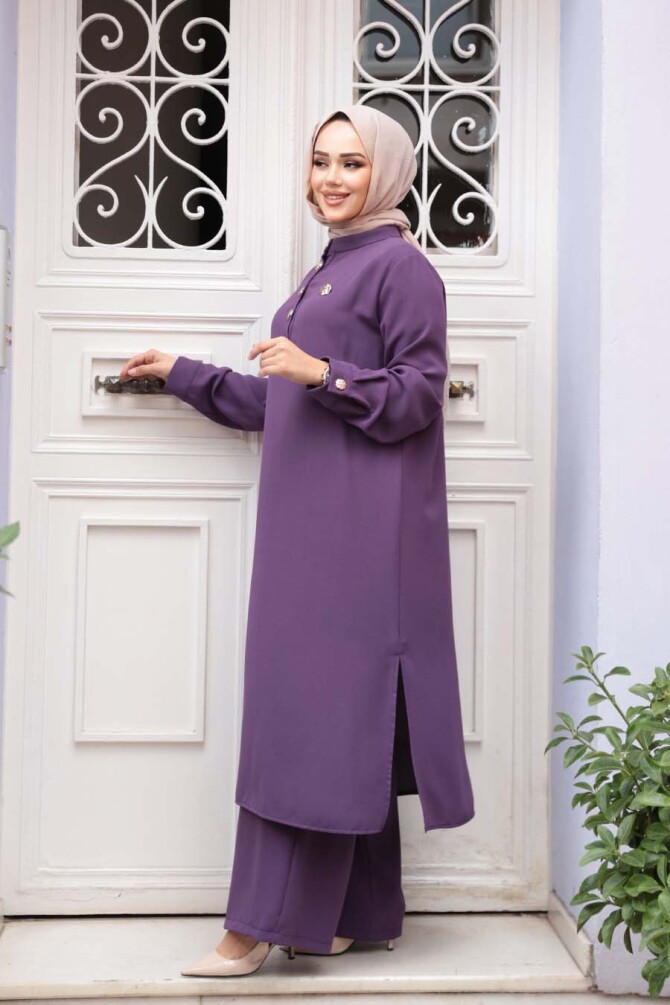 Düğme Detaylı Lila Tesettür İkili Takım 76642LILA - 2