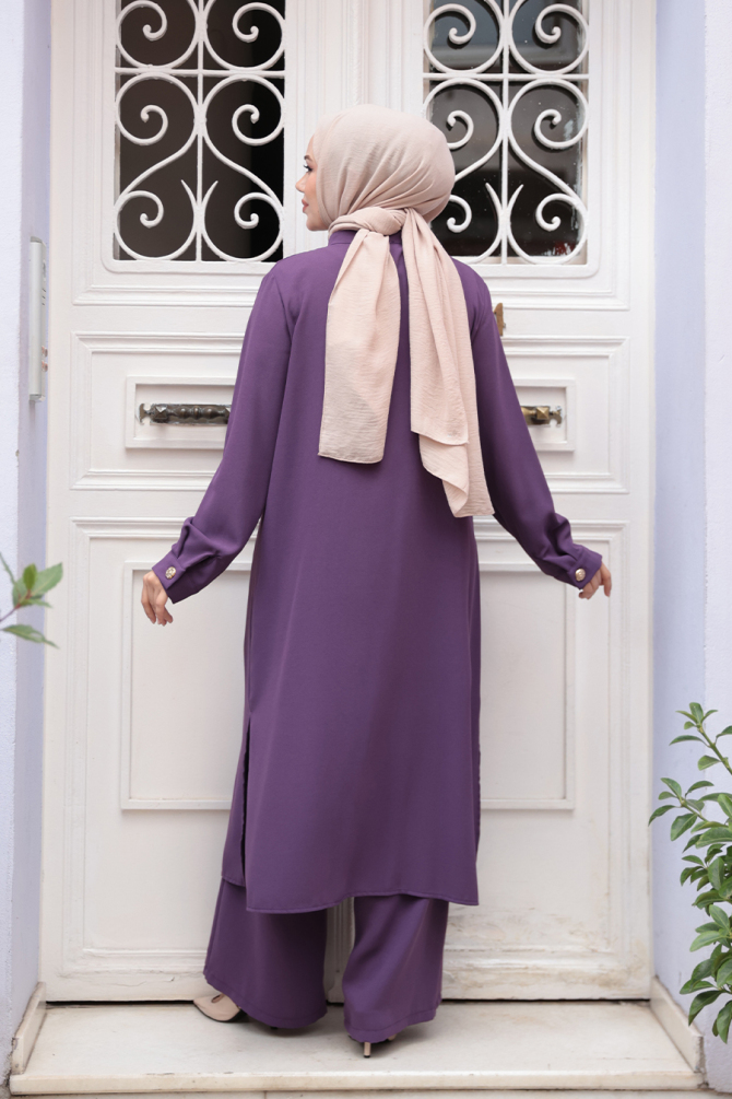 Düğme Detaylı Lila Tesettür İkili Takım 76642LILA - 4