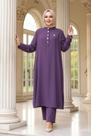 Düğme Detaylı Lila Tesettür İkili Takım 76642LILA 