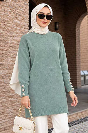 Düğme Detaylı Mint Tesettür Triko Tunik 10941MINT 