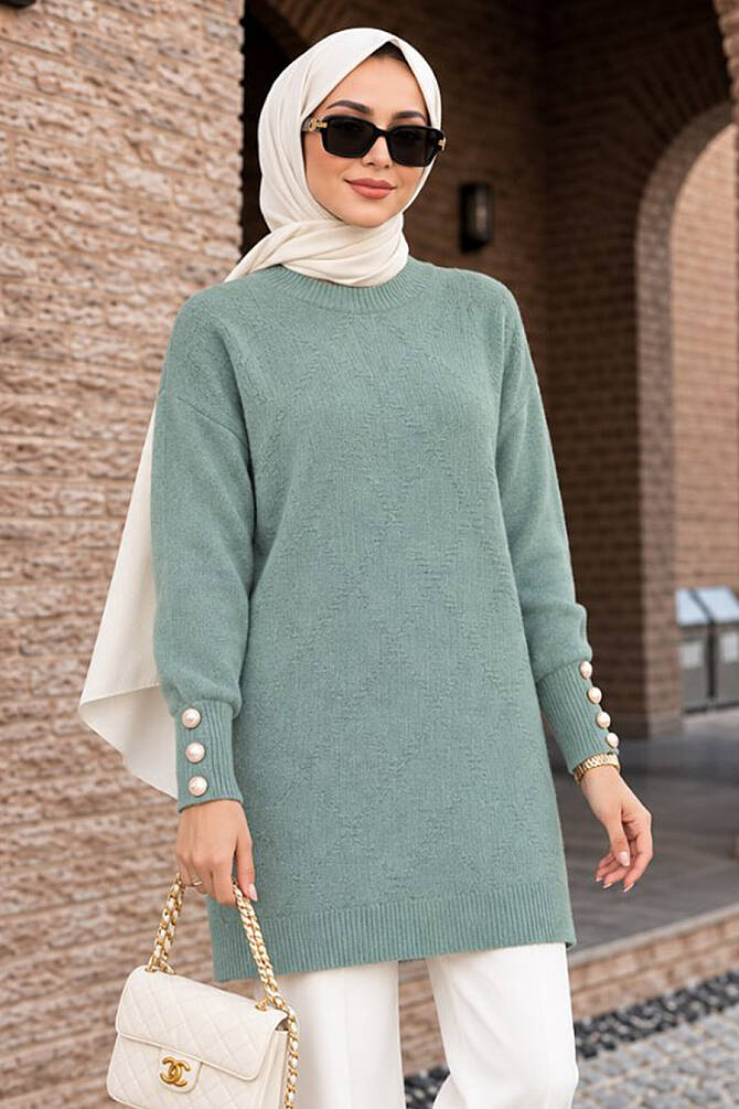 Düğme Detaylı Mint Tesettür Triko Tunik 10941MINT - 1