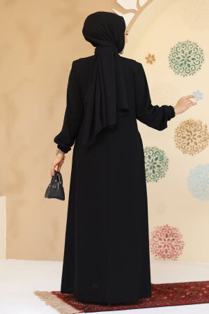 Düğme Detaylı Siyah Tesettür Abaya 45304S - 3