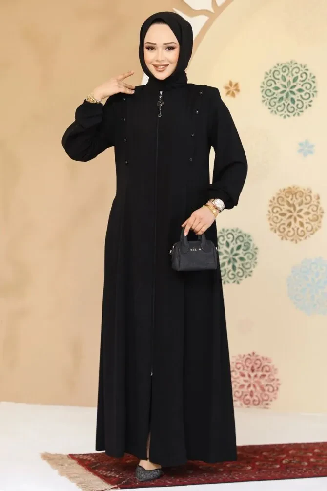 Düğme Detaylı Siyah Tesettür Abaya 45304S - 1