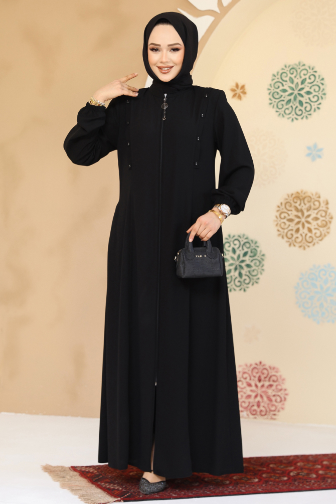 Düğme Detaylı Siyah Tesettür Abaya 45304S - 1