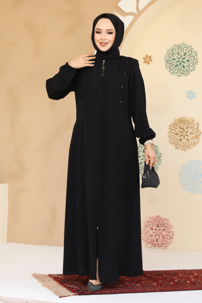 Düğme Detaylı Siyah Tesettür Abaya 45304S - 2