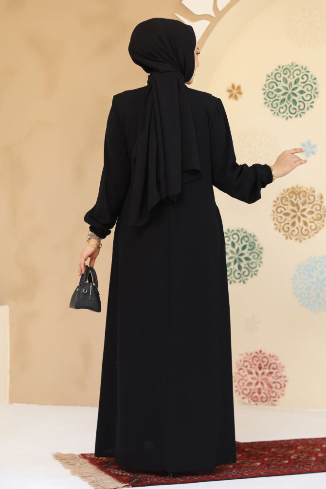 Düğme Detaylı Siyah Tesettür Abaya 45304S - 3