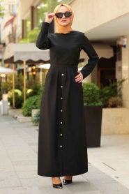 Düğme Detaylı Siyah Tesettür Elbise 4275S - Thumbnail