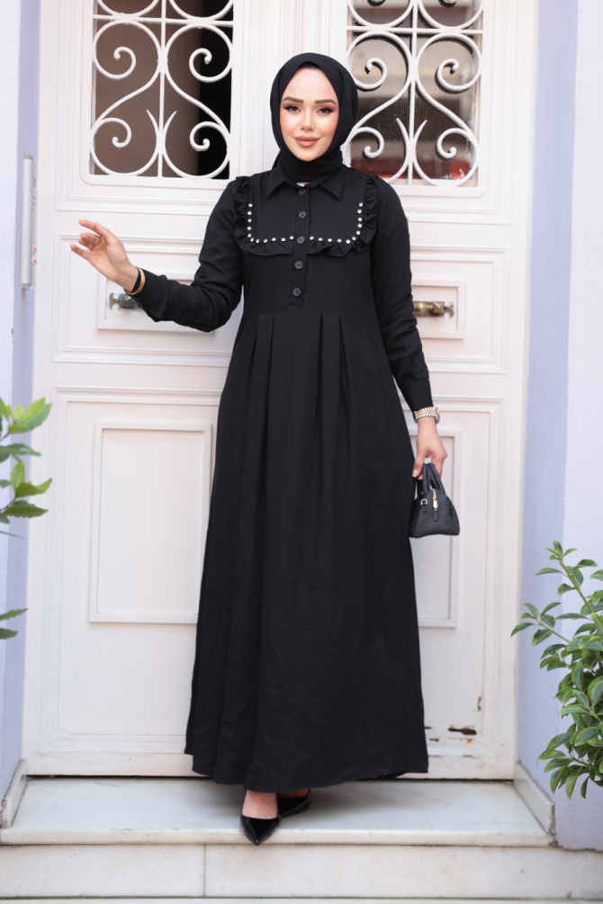 Düğme Detaylı Siyah Tesettür Elbise 7224S - 1