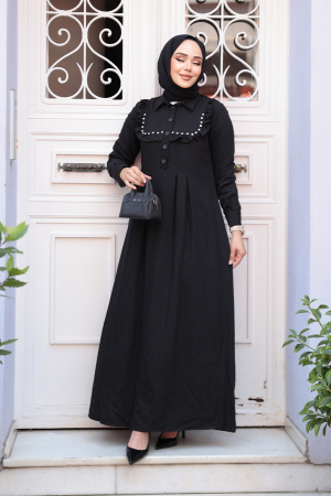 Düğme Detaylı Siyah Tesettür Elbise 7224S - 2