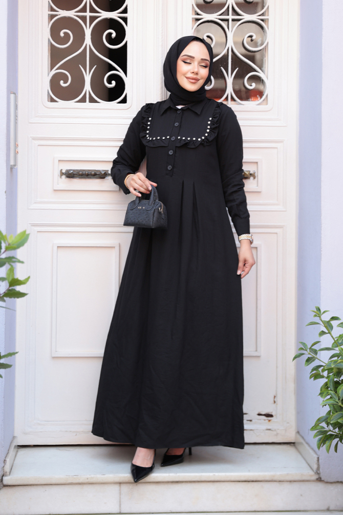 Düğme Detaylı Siyah Tesettür Elbise 7224S - 2