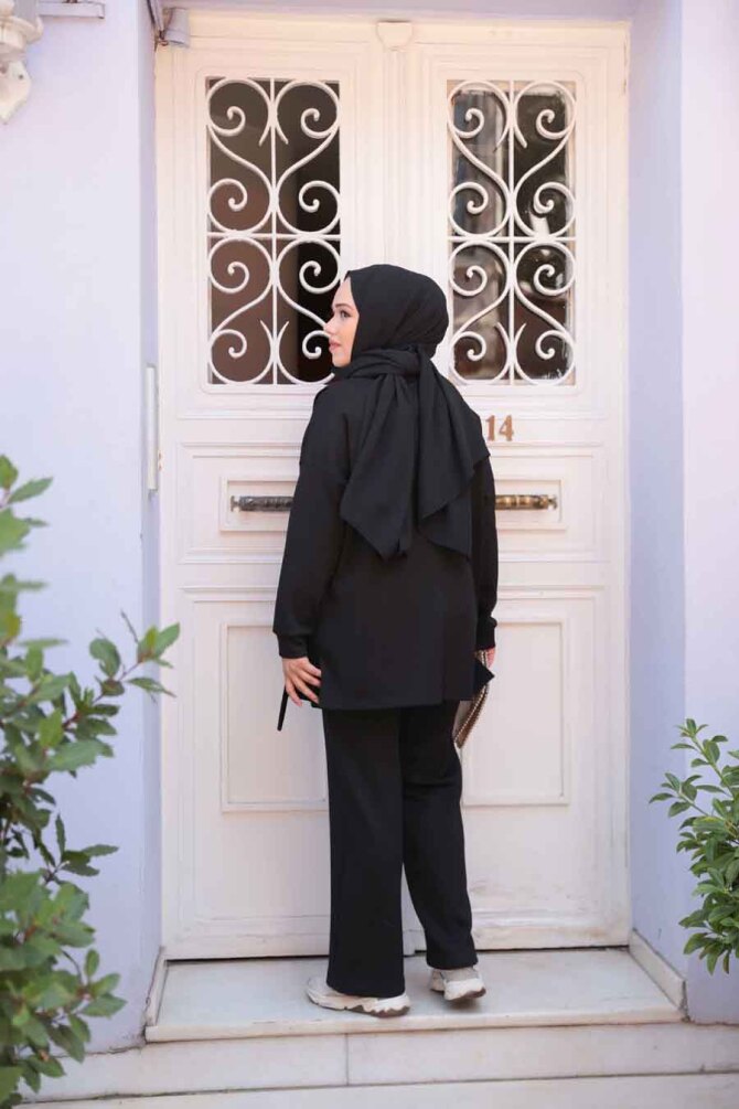 Düğme Detaylı Siyah Tesettür İkili Takım 13261S - 4