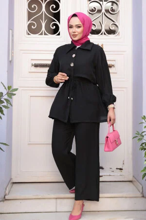Düğme Detaylı Siyah Tesettür İkili Takım 40391S - 2