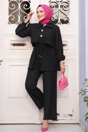 Düğme Detaylı Siyah Tesettür İkili Takım 40391S 