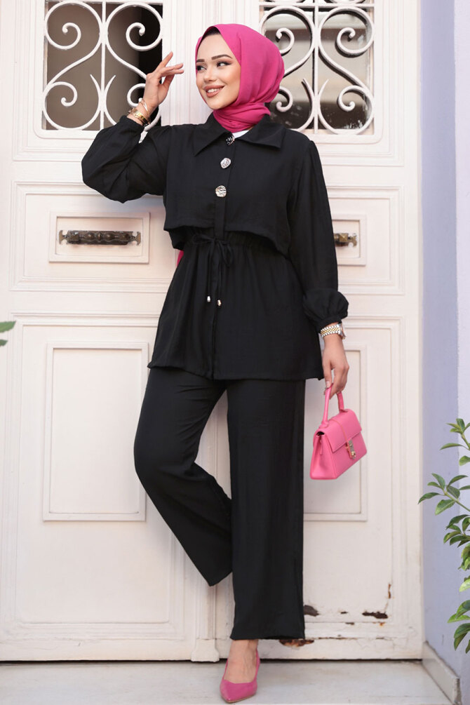 Düğme Detaylı Siyah Tesettür İkili Takım 40391S - 1