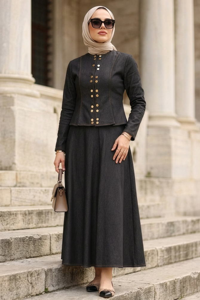 Düğme Detaylı Siyah Tesettür Kot İkili Takım 11891S - 1