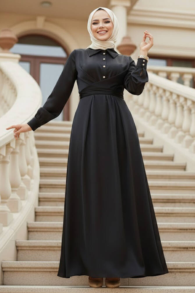 Düğme Detaylı Siyah Tesettür Saten Elbise 45661S - NEVA STYLE