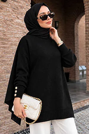 Düğme Detaylı Siyah Tesettür Triko Tunik 10941S 
