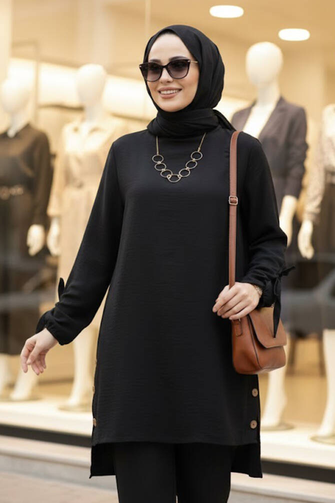 Düğme Detaylı Siyah Tesettür Tunik 41281S - 1