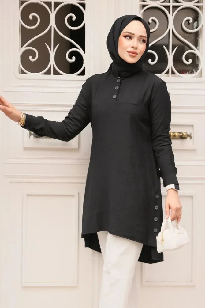 Düğme Detaylı Siyah Tesettür Tunik 4664S - 1