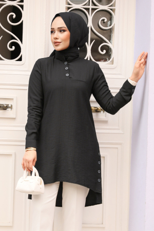 Düğme Detaylı Siyah Tesettür Tunik 4664S - 2