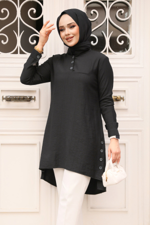 Düğme Detaylı Siyah Tesettür Tunik 4664S - 3