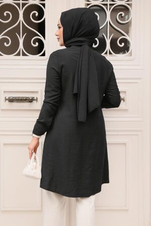 Düğme Detaylı Siyah Tesettür Tunik 4664S - 4