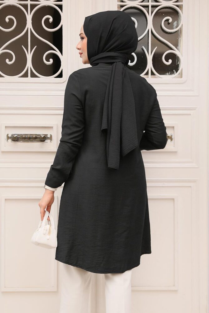 Düğme Detaylı Siyah Tesettür Tunik 4664S - 4