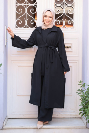 Düğme Detaylı Siyah Tesettür Üçlü Takım 7677S - 2