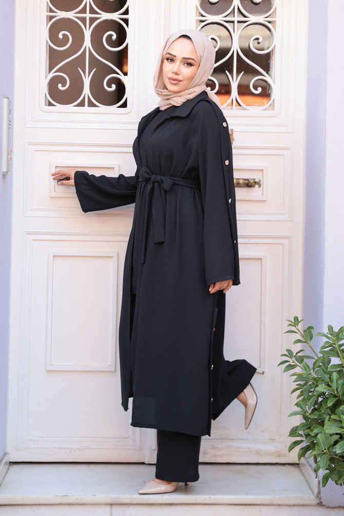 Düğme Detaylı Siyah Tesettür Üçlü Takım 7677S - N.S NEVA STYLE