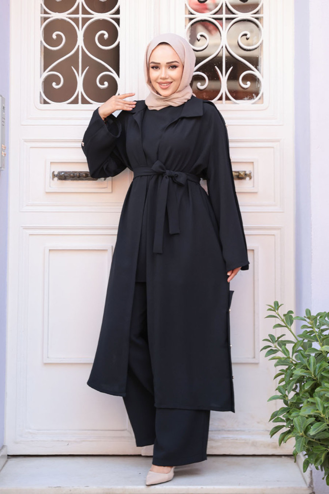 Düğme Detaylı Siyah Tesettür Üçlü Takım 7677S - 3