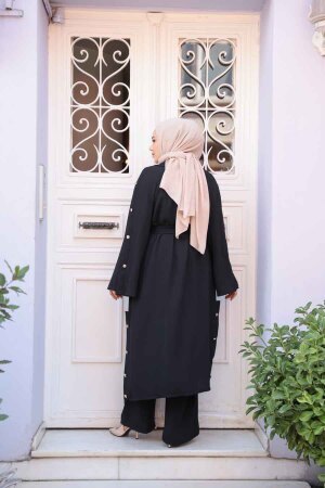 Düğme Detaylı Siyah Tesettür Üçlü Takım 7677S - 4