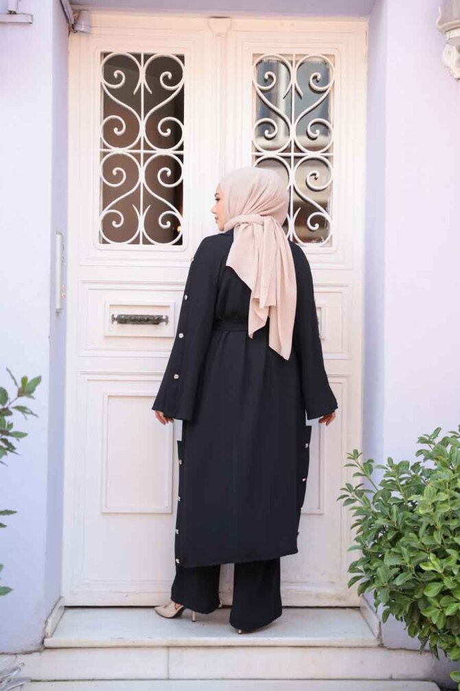 Düğme Detaylı Siyah Tesettür Üçlü Takım 7677S - 4