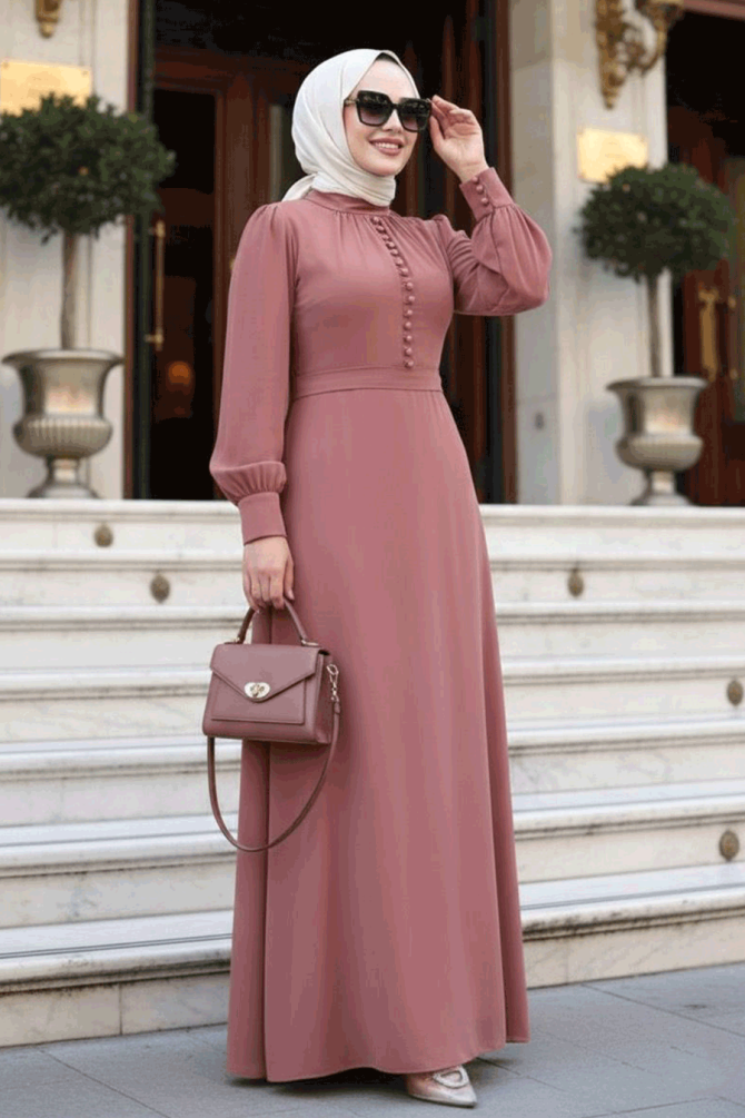 Düğme Detaylı Taba Tesettür Elbise 2703TB - 1