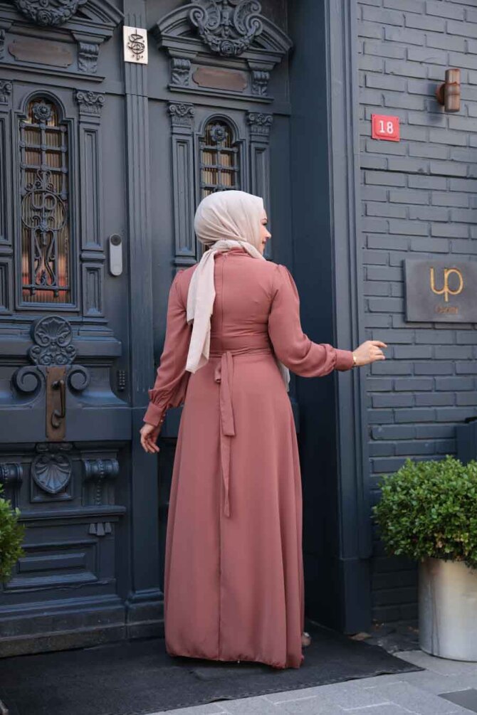 Düğme Detaylı Taba Tesettür Elbise 2703TB - 4
