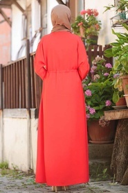 Düğme Detaylı Turuncu Tesettür Elbise 8021T - Thumbnail