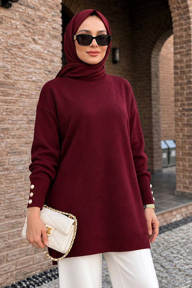 Button-Detail Cherry Modest Knit Tunic 10941VSN - 1