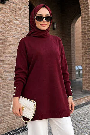 Düğme Detaylı Vişne Tesettür Triko Tunik 10941VSN 