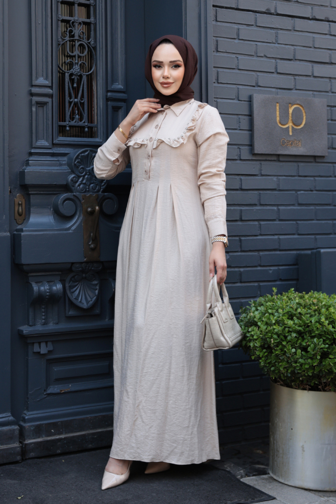 Düğme Detaylı Vizon Tesettür Elbise 7224V - 3