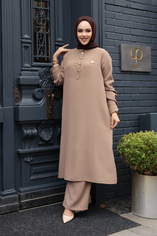 Düğme Detaylı Vizon Tesettür İkili Takım 76642V - N.S NEVA STYLE