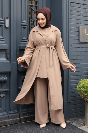 Düğme Detaylı Vizon Tesettür Üçlü Takım 7677V 