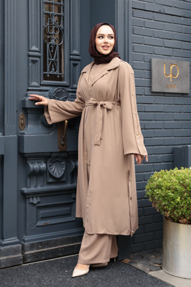 Düğme Detaylı Vizon Tesettür Üçlü Takım 7677V - 2