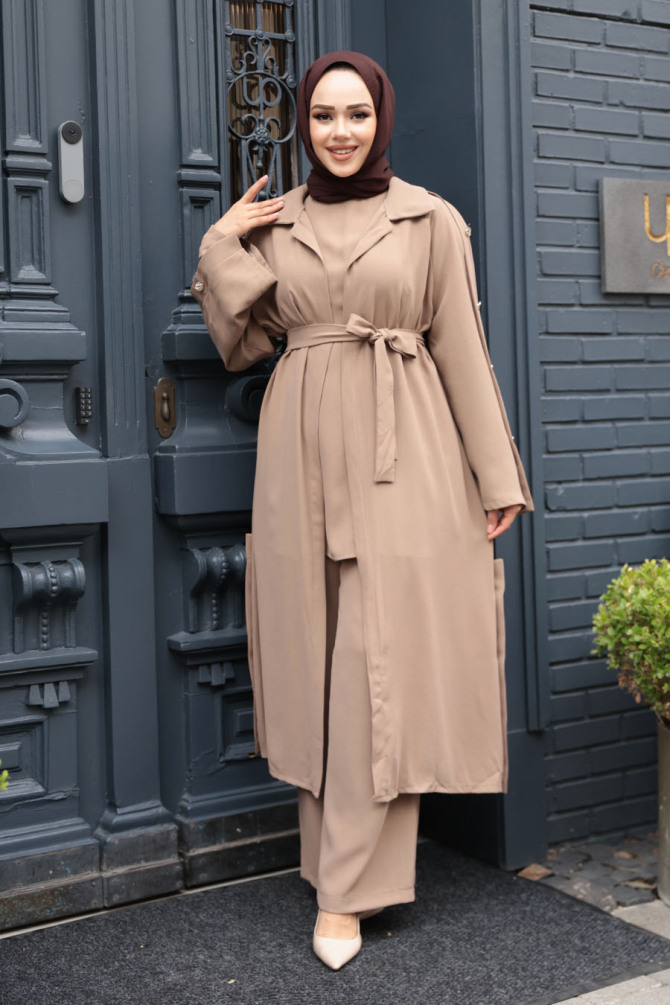 Düğme Detaylı Vizon Tesettür Üçlü Takım 7677V - 3