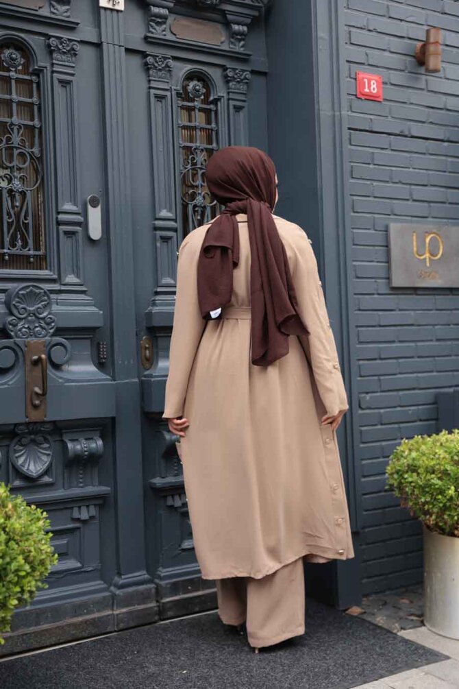 Düğme Detaylı Vizon Tesettür Üçlü Takım 7677V - 4