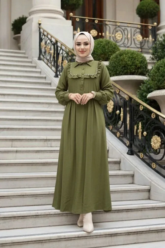 Düğme Detaylı Yağ Yeşili Tesettür Elbise 7224YY - 1